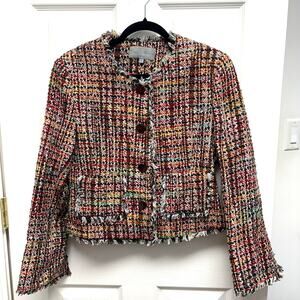 Emil Rutenberg Silk Tweed Jacket, Cropped Red Plaid Coat, Fringe, Size S